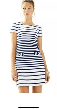NWT Lilly Pulitzer Layton White Blue Short Sleeve Striped Dress 24736 Nautical